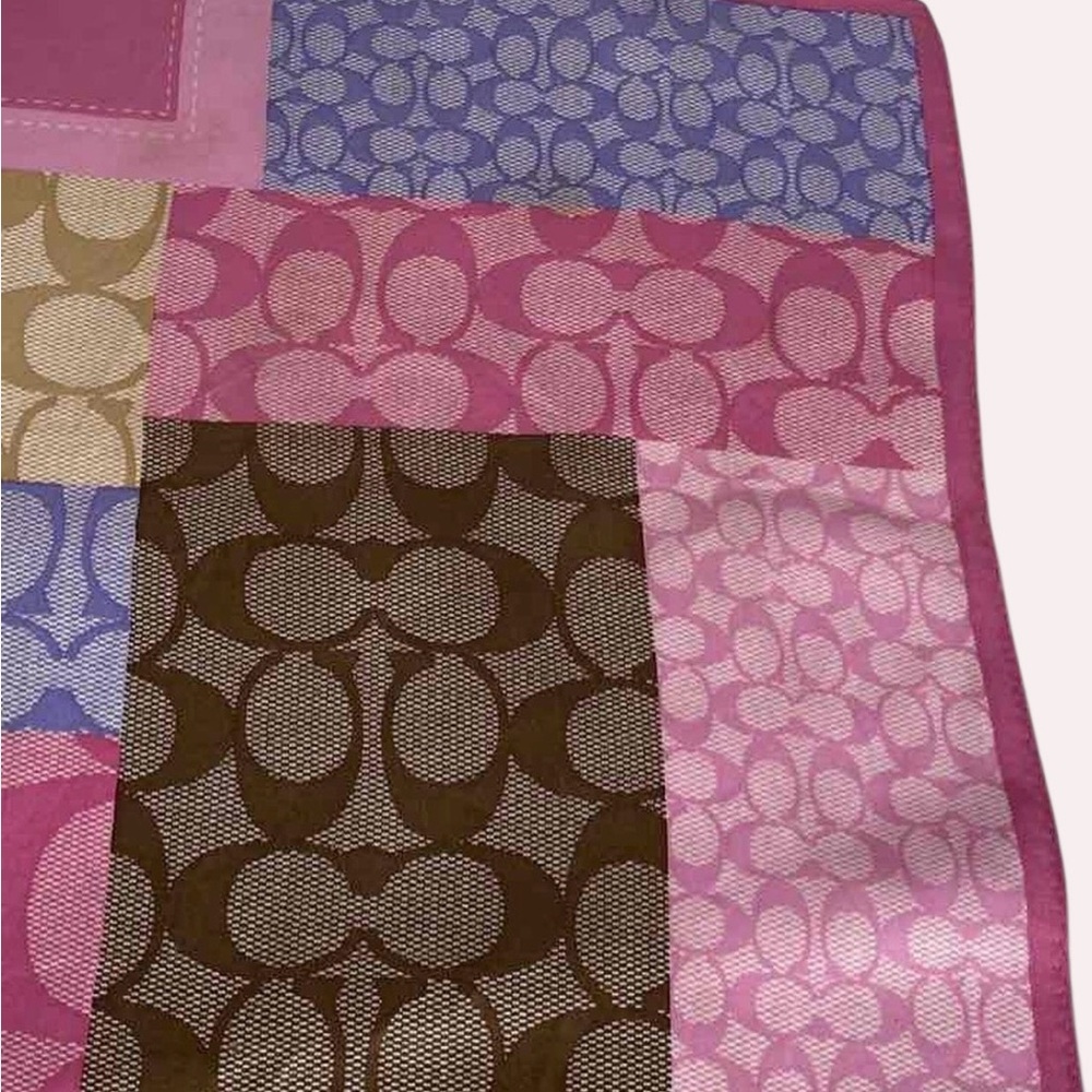 Coach Patchwork Signature Silk Scarf Pink Purple Brown Logo Square - Picture 5 of 6